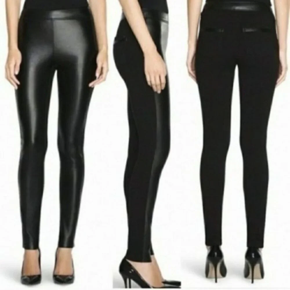 WHBM The Legging Black Faux Leather Front Ponte Back Side Zip Pants Size 4